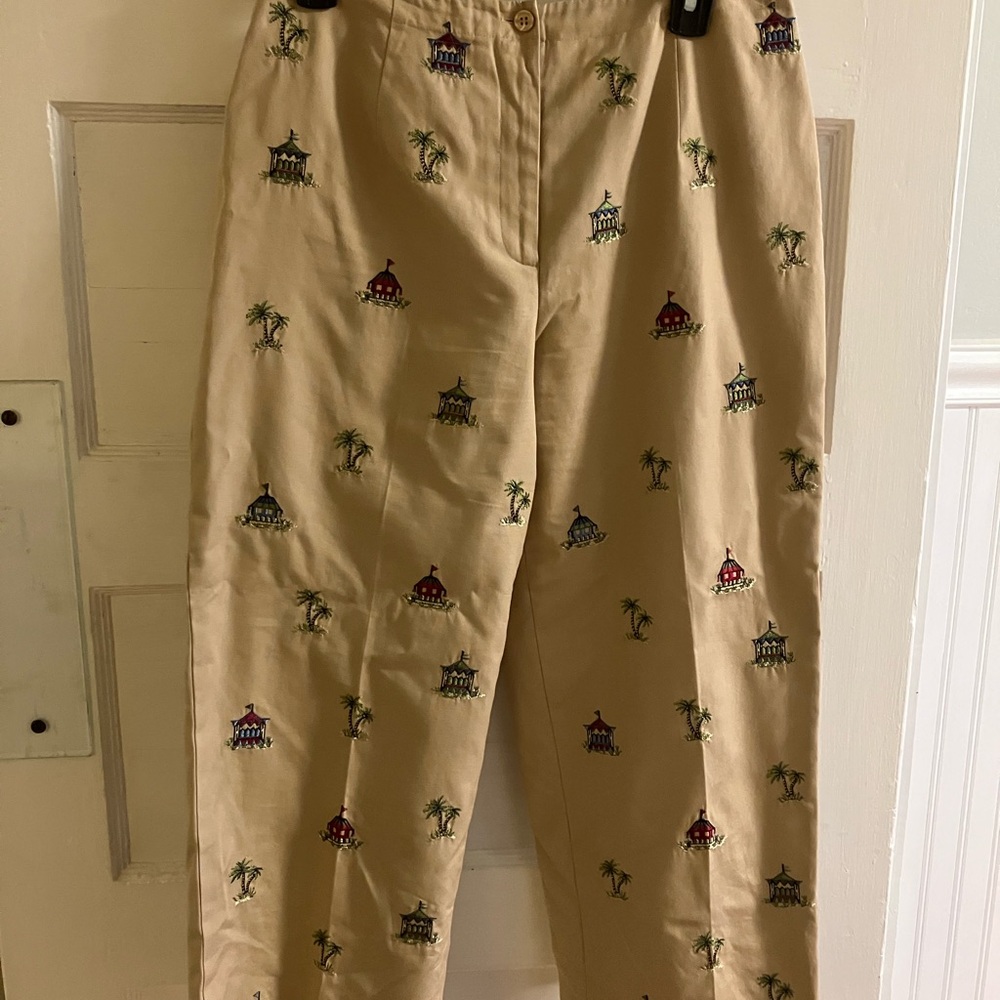 Talbots Tan Cropped Pants with Embroidered Design